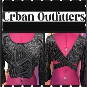 Urban Outfitters Long Sleeve Middie Top Black Shimmer NWOT Unique Cross back